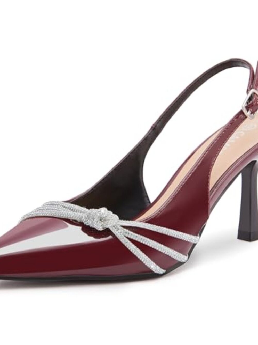 Faux Leather Pointed Toe Kitten Heels Rhinestone Bow Buckle Strap Dress Pumps